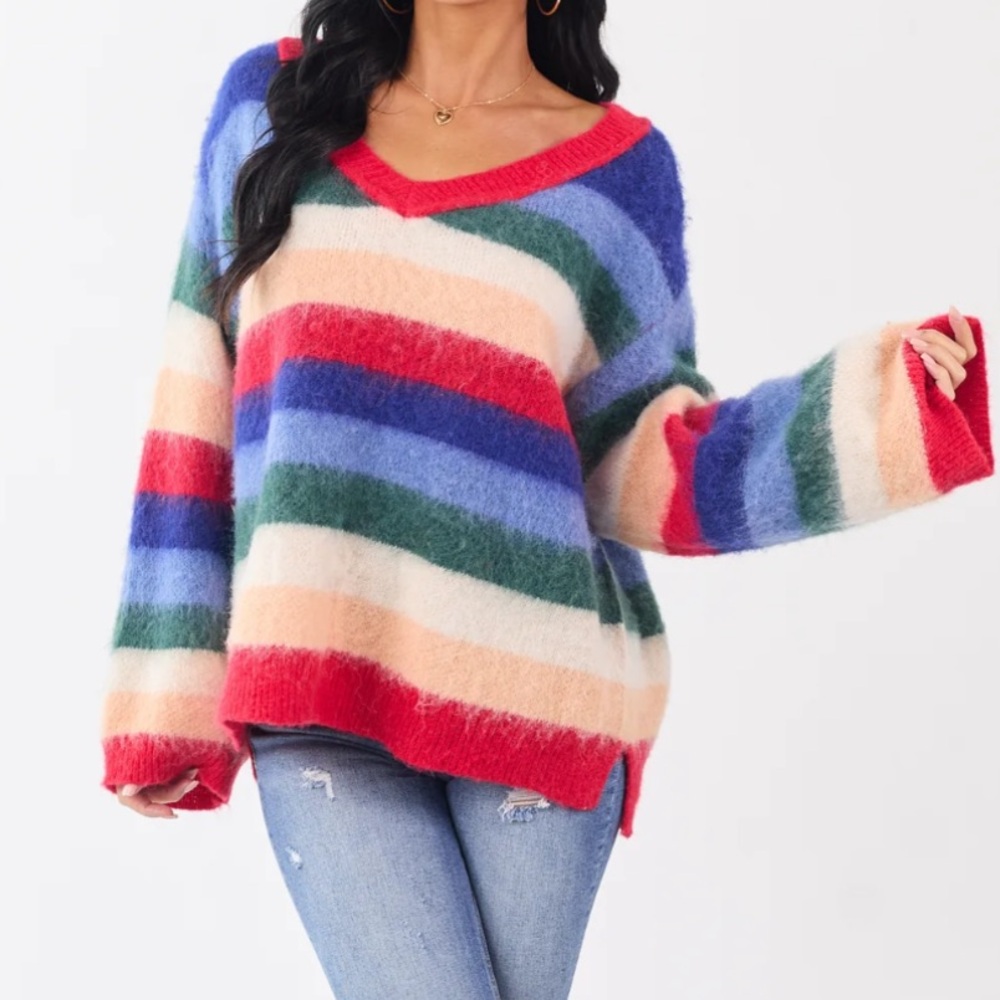 Cozy Multi-Color Striped V-Neck Sweater NWOT